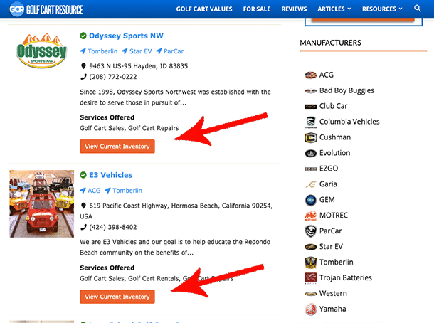 Golf cart dealer listings and map helping shoppers find nearby dealerships