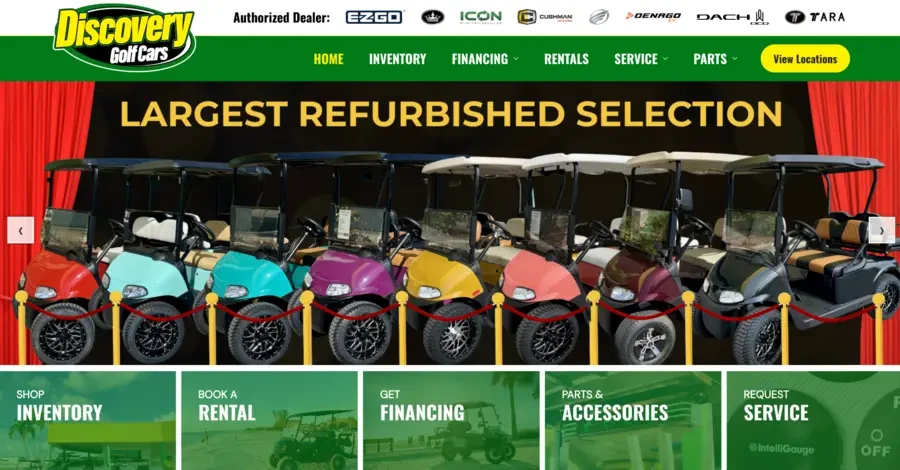 Discovery Golf Cars website in its distinctive green and yellow branding