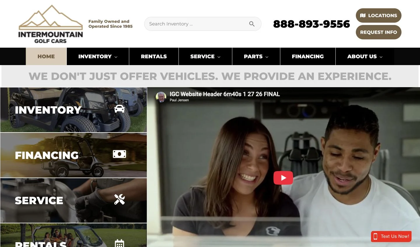 Intermountain Golf Cars website with inventory, financing, service and rental navigation
