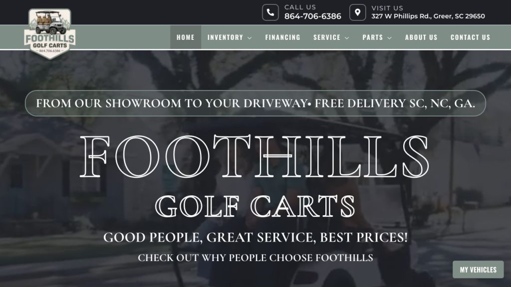 Foothills Golf Carts custom dealership website with a golf cart in the homepage video